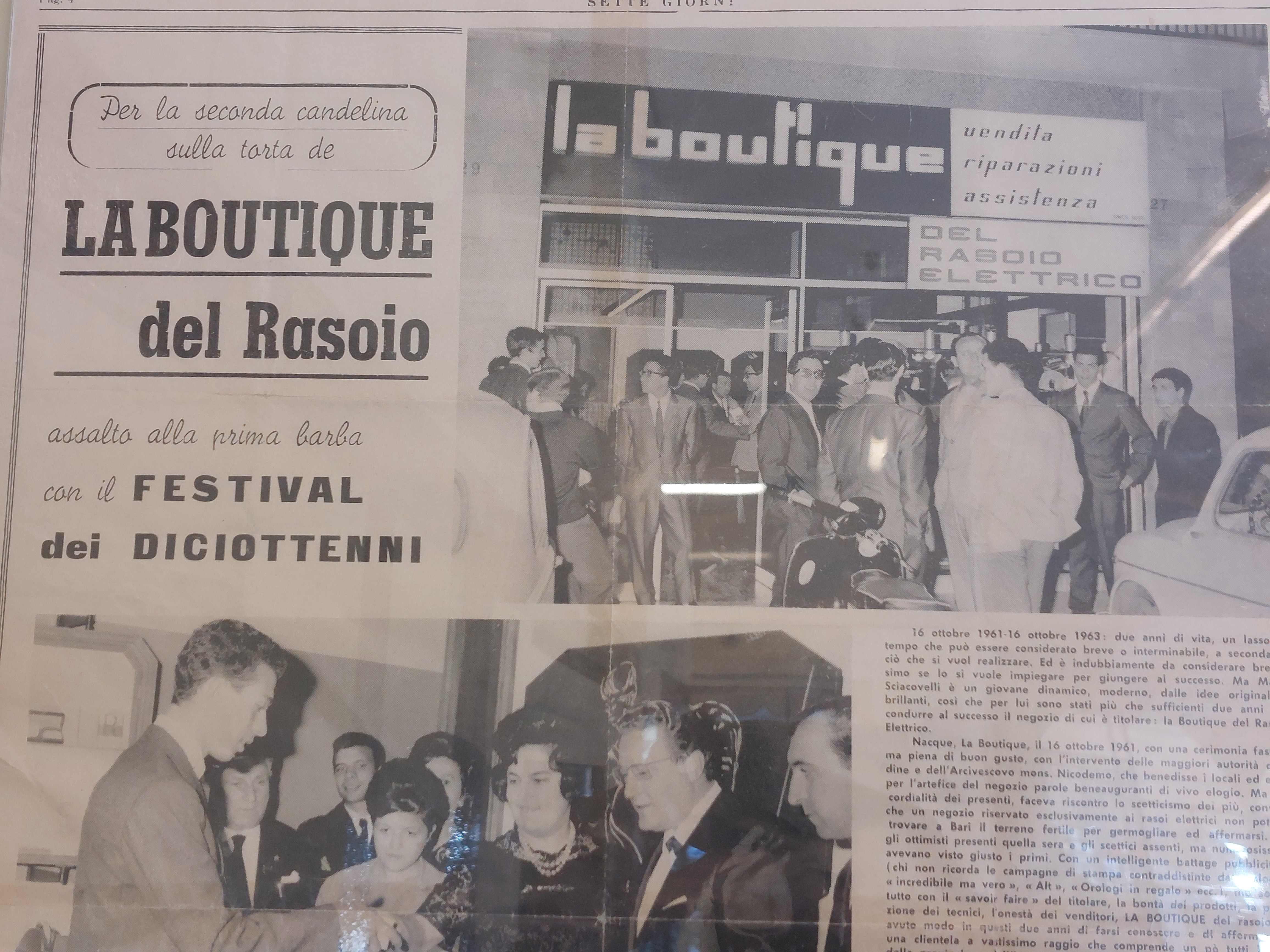 La notizia dell'apertura del negozio sui giornali dell'epoca (1961)